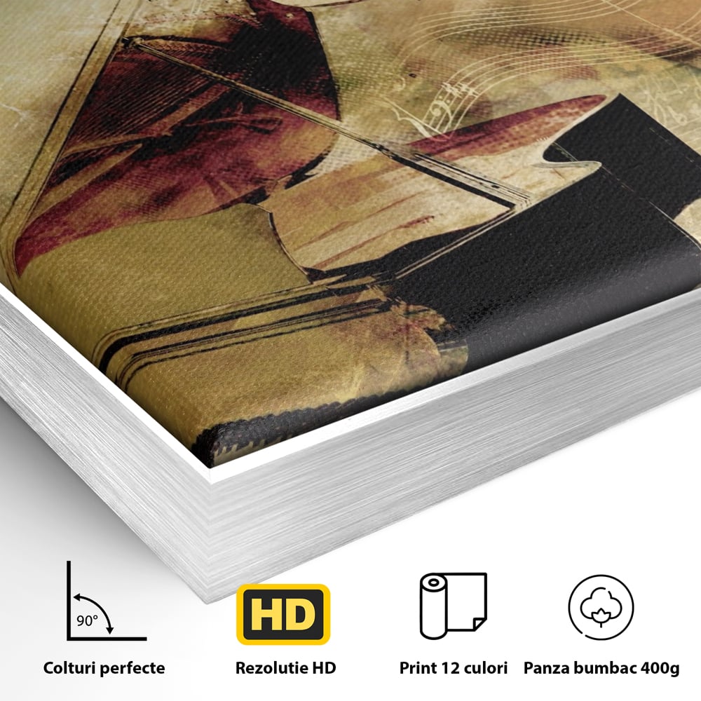 Detaliu al suprafetei: tablou canvas cu pian vechi si note muzicale, in rama de aluminiu argintiu